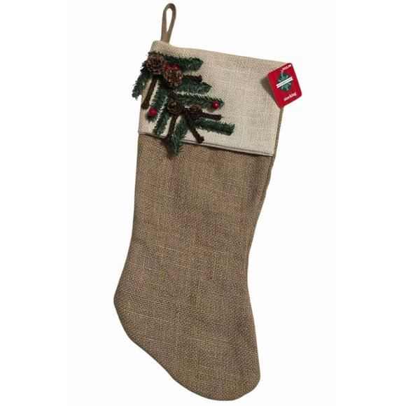 New Rustic Burlap Christmas Stocking Pine Tree Pinecone Berry Holiday Decor 18.5 - Picture 6 of 6